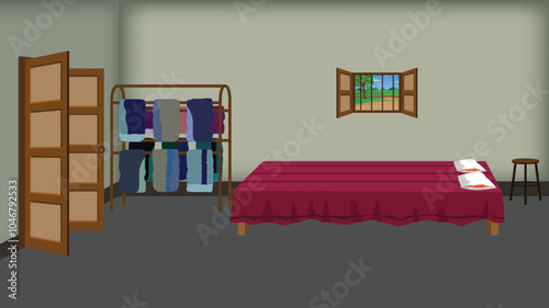 Village bedroom cartoon background illustration background design with doors, windows and furnitures