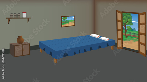 Village bedroom cartoon background illustration background design with doors, windows and furnitures