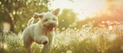 Soft Coated Wheaten Terrier Frolicking in Spring: Playful Dog Enjoying the Season