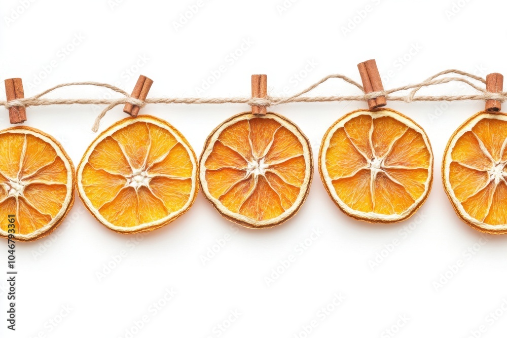Bright dried orange slices garland on white background