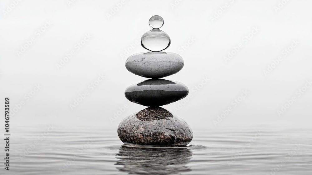 a stack of smooth stones and bubble balanced on water surface, evoking a sense of calm, clarity, life in balance and minimalism. a stack of smooth stones and bubble balanced on water surface, evoking a sense of calm, clarity, life in balance and minimalism.