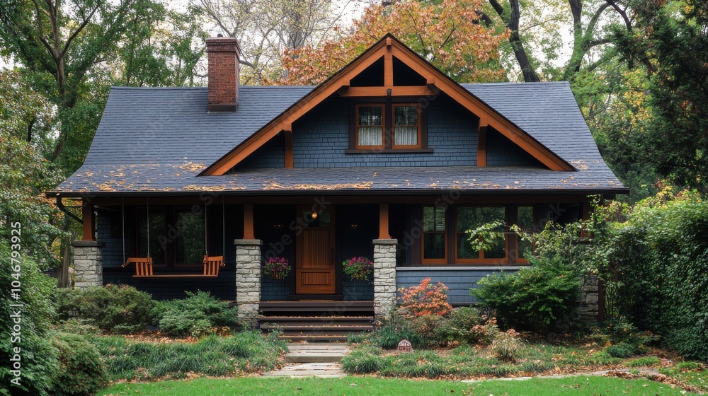 Craftsman bungalow with a front porch swing. Craftsman bungalow with a front porch swing.