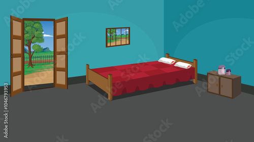 Village bedroom cartoon background illustration background design with doors, windows and furnitures