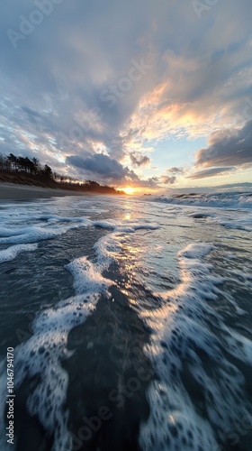 Serene Beach with Crashing Waves at Sunset