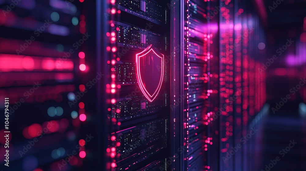 Obraz premium Digital shield icon protecting database servers in a modern tech setup