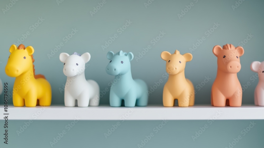 Brightly Colored Toy Animals on a Shelf Brightly Colored Toy Animals on a Shelf