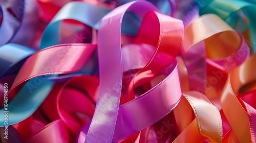 Colorful ribbons of various shades of pink, blue, and orange are intertwined together, forming an abstract pattern.
