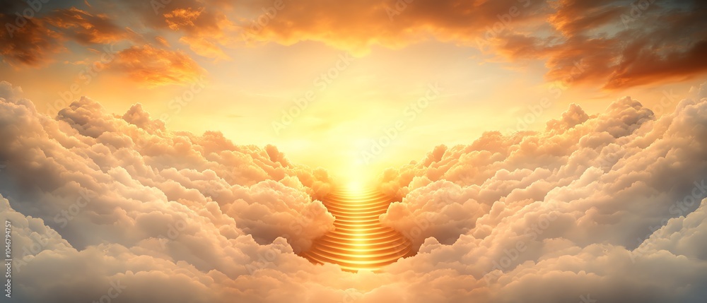 Fototapeta premium Sunset over tranquil ocean and fluffy clouds