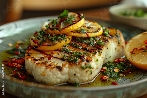 Grilled Fish with Herbs and Pesto on Rice photo