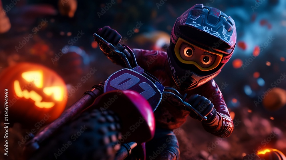 A young motocross rider speeds through a field of pumpkins on Halloween night. A young motocross rider speeds through a field of pumpkins on Halloween night.