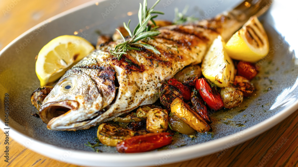 Grilled fish with lemon and herb garnish on a plate with roasted vegetables Grilled fish with lemon and herb garnish on a plate with roasted vegetables