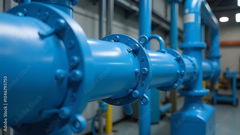 Close-up of a blue industrial pipe showcasing its fittings and background elements in a modern facility. Close-up of a blue industrial pipe showcasing its fittings and background elements in a modern facility.