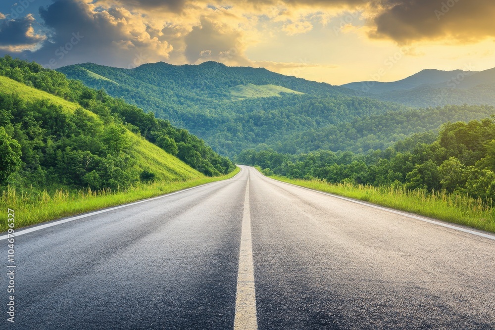 Empty asphalt road leading towards green mountains at sunset with dramatic clouds. Empty asphalt road leading towards green mountains at sunset with dramatic clouds.