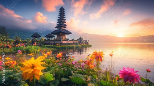 Sunrise at Ulun Danu Bratan Temple photo