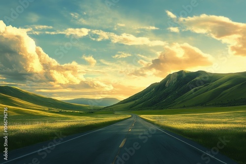 A long, empty road stretches through a valley with rolling hills and a stunning sunset sky.
