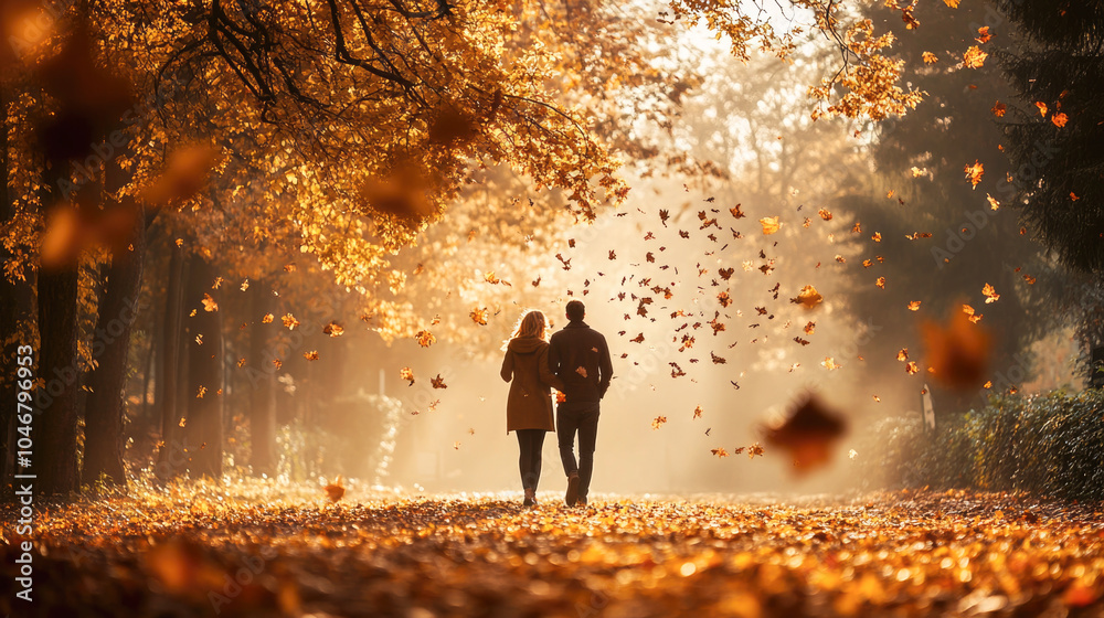 Couple walking through sunlit autumn park surrounded by falling leaves in warm golden light