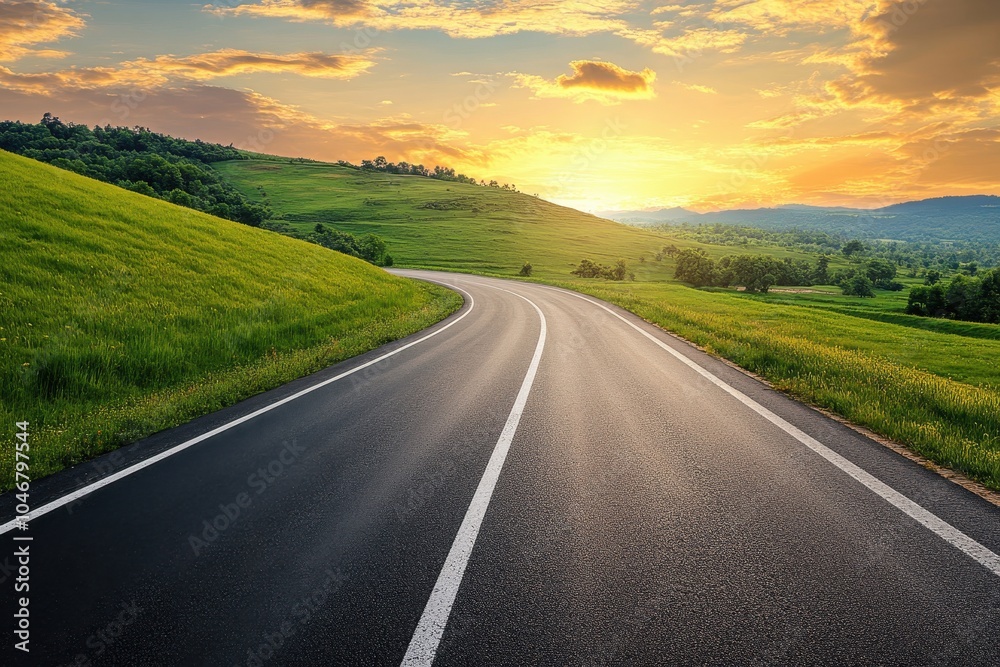 An empty asphalt road winds through a rolling green landscape, disappearing into the distance. The sun is setting in the background, casting a warm glow over the scene. An empty asphalt road winds through a rolling green landscape, disappearing into the distance. The sun is setting in the background, casting a warm glow over the scene.