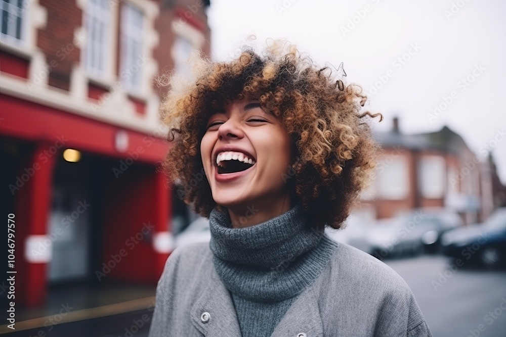 Portrait of beautiful young woman with afro hairstyle laughing outside Portrait of beautiful young woman with afro hairstyle laughing outside