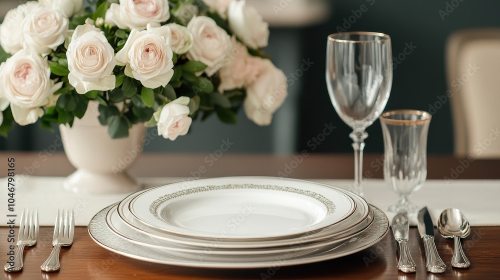 Elegant Dining Table Setting with Crystal and Silverware Elegant Dining Table Setting with Crystal and Silverware