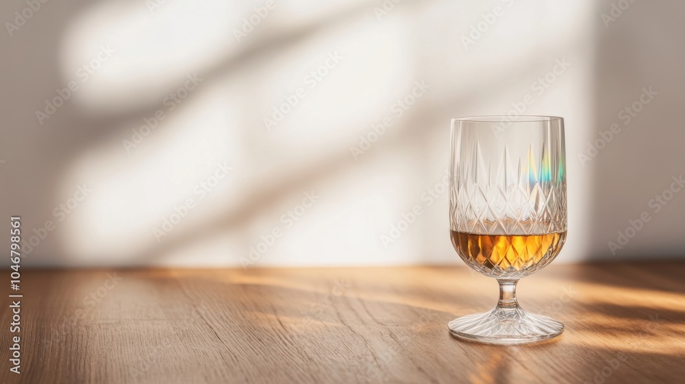Crystal Glass of Wine on Wooden Table with Sunlight Crystal Glass of Wine on Wooden Table with Sunlight