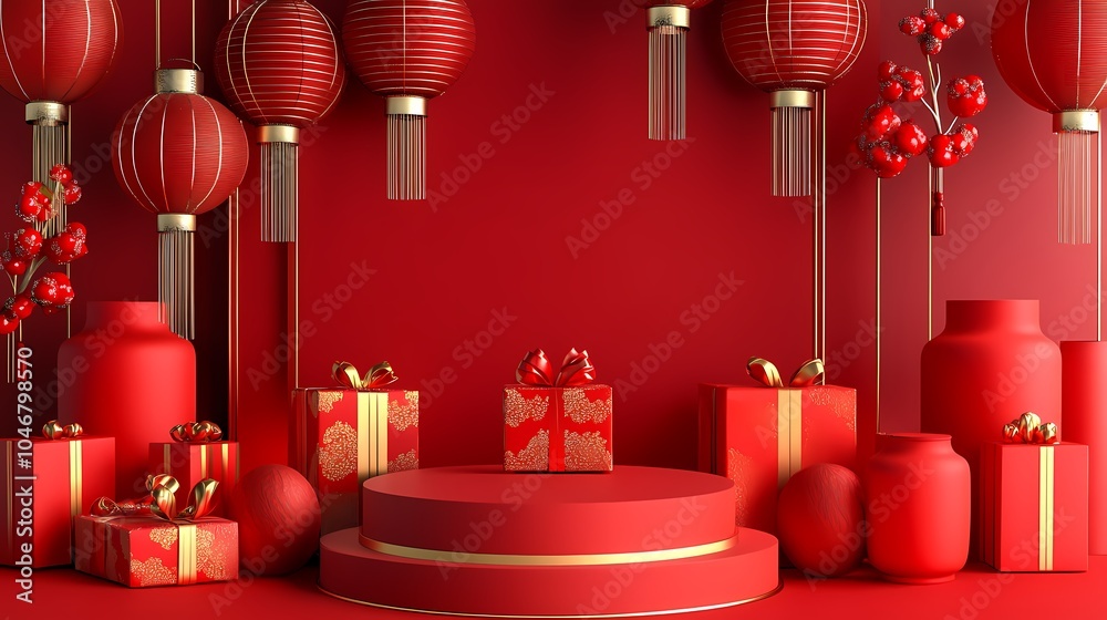 Traditional Chinese New Year red pedestal and lanterns poster background Traditional Chinese New Year red pedestal and lanterns poster background