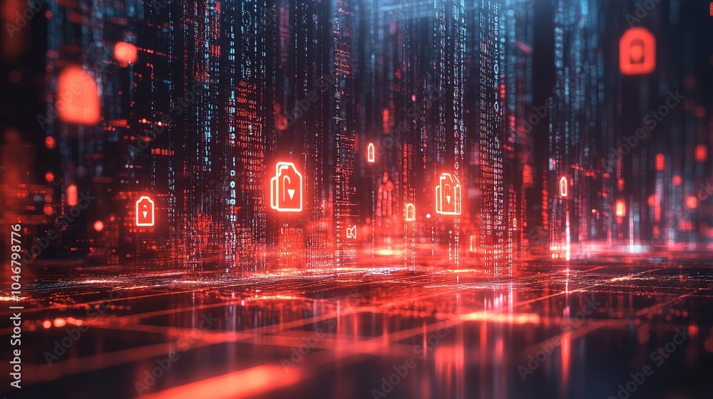 Obraz premium Cybersecurity matrix with floating code locks and shield icons