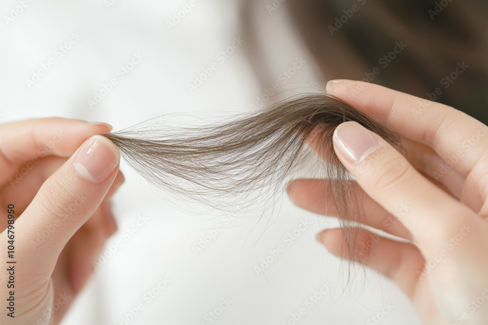 Naklejka premium Hair loss concept. Close-up of female hands examining split ends of damaged hair, showing hair care and treatment concept
