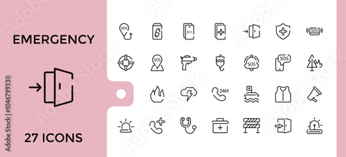 Emergency line icons collection. Featuring security, urgency, emergency, service, protection and more. Simple web icons set. Editable vector stroke.