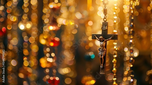 A beautiful and inspiring image of a cross. The cross is made of metal and has a shiny, reflective surface.