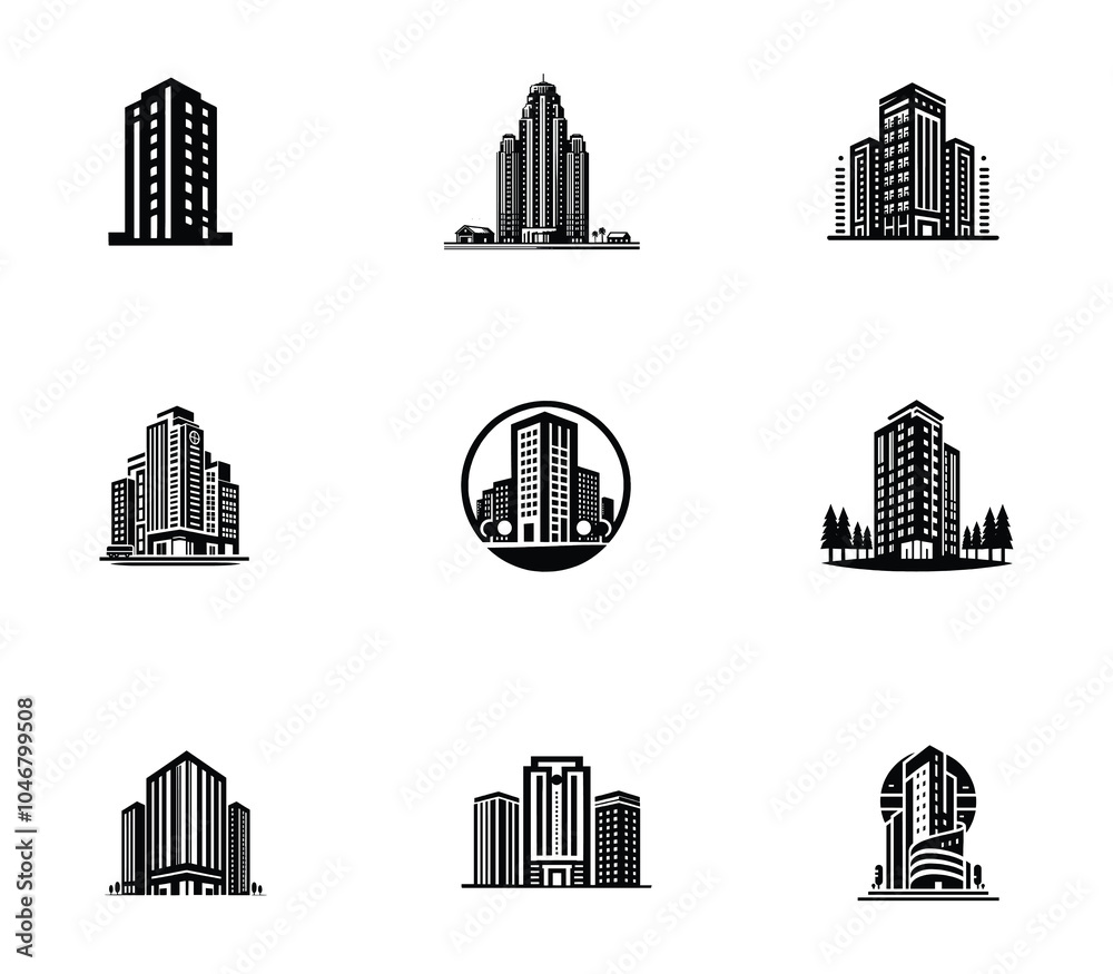 Obraz premium Collection of city buildings logo. Modern building logo set. Building construction template. Icon set