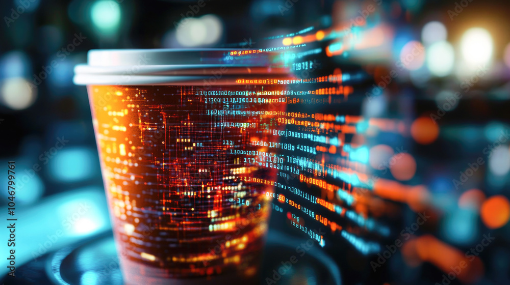 Coffee cup infused with digital code artistry in a futuristic tech environment Coffee cup infused with digital code artistry in a futuristic tech environment
