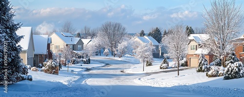 Homes with different designs covered in snow on a suburban street.