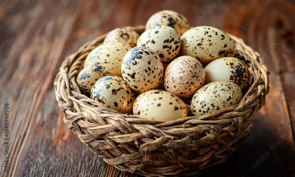 A woven basket filled with speckled eggs. A woven basket filled with speckled eggs.