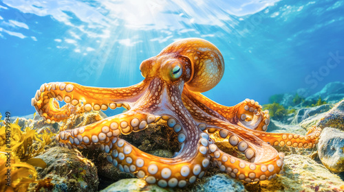 Vibrant octopus exploring sunlit underwater world amidst coral reefs and marine life diversity photo