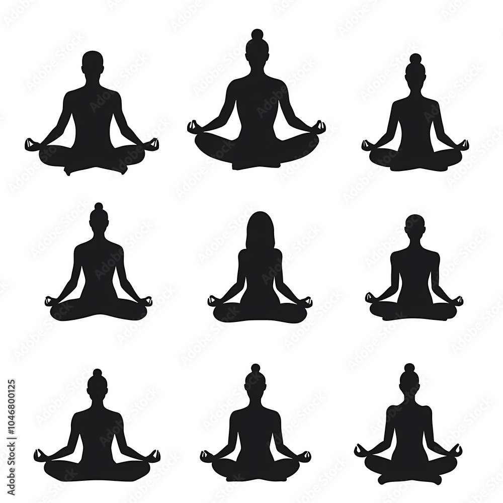 Silhouette of woman meditating in lotus pose, vector illustration, zen relaxation exercise Silhouette of woman meditating in lotus pose, vector illustration, zen relaxation exercise