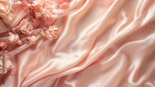 Soft pink silk fabric draped with delicate cherry blossom petals creating a serene composition perfect for elegant backgrounds photo