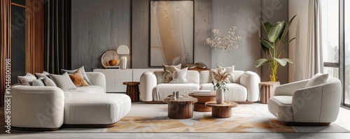 Elegant living room with modern furniture and decor, 4K hyperrealistic photo