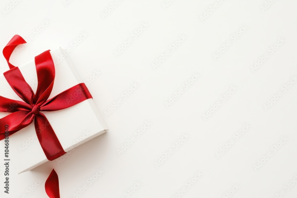 Elegant white gift box with red ribbon on plain background