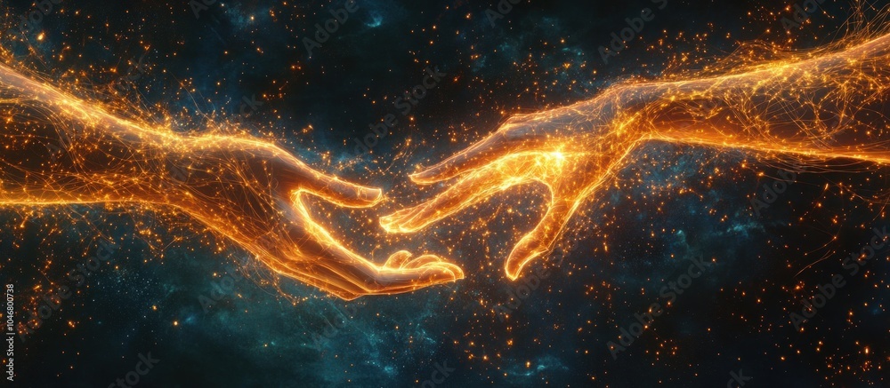 Two glowing hands reaching towards each other in a cosmic space. Two glowing hands reaching towards each other in a cosmic space.