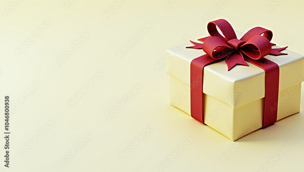 Obraz premium 3D illustration A beautifully wrapped gift box with a red ribbon and bow, set against a light background. Perfect for Christmas, birthdays, or any celebratory occasion