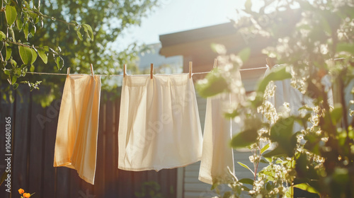 Wallpaper Mural Sunlit laundry hanging on clothesline in tranquil garden setting Torontodigital.ca