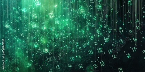 Matrix-style pattern with falling digital symbols in green shades photo