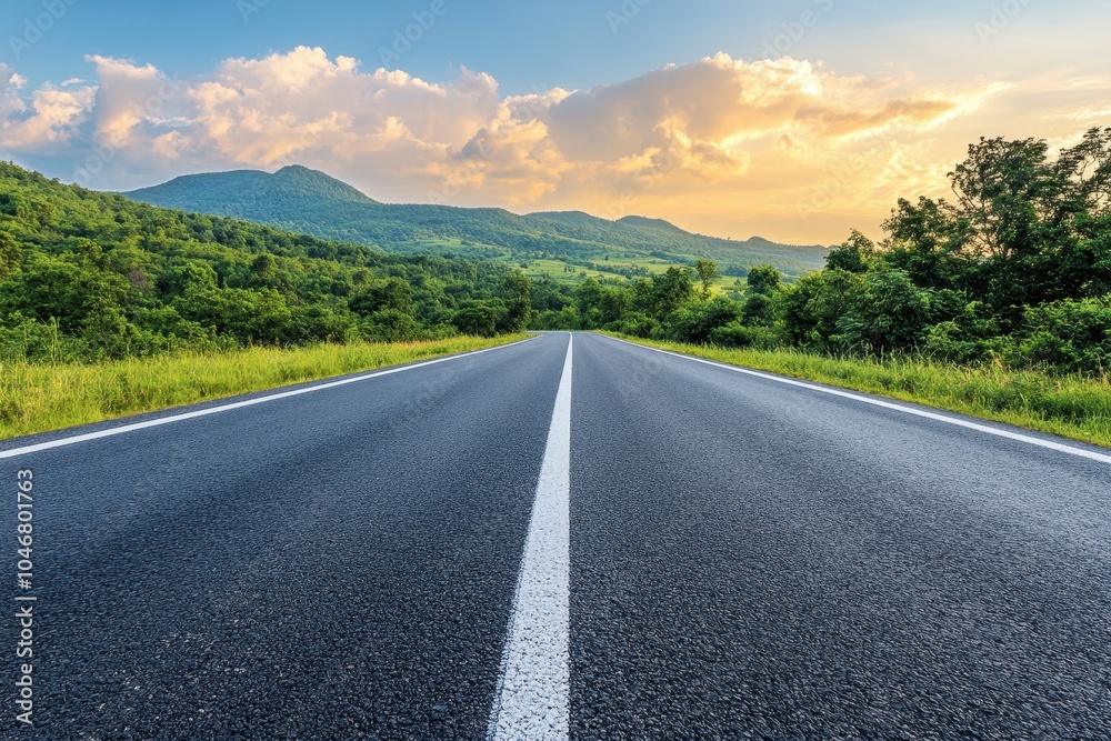 Empty asphalt road with a white dividing line stretching through a mountain landscape with a cloudy blue sky. Empty asphalt road with a white dividing line stretching through a mountain landscape with a cloudy blue sky.