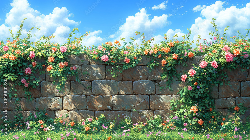 Stone Wall with Blooming Roses and Greenery Stone Wall with Blooming Roses and Greenery