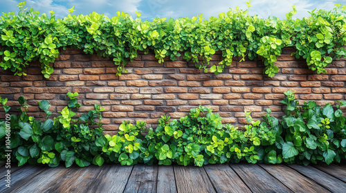 Brick Wall with Lush Green Vines in Garden Setting