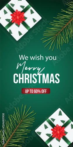 Merry christmas discount banner ad card with christmas tree and christmas gift boxes