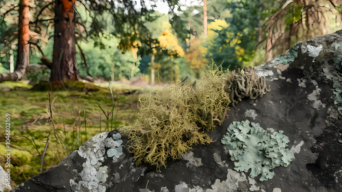 Lichen growing on a rock in a forest with trees and colorful foliage in the background, showcasing nature's beauty.