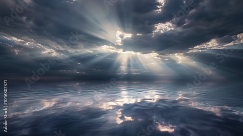 A dramatic sky with dark clouds and bright sunlight reflecting off the ocean.