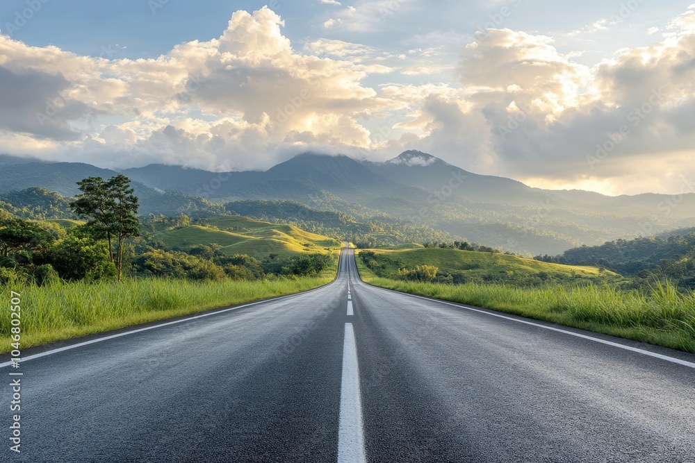 A scenic road leads through a lush green valley, disappearing into the distance towards a majestic mountain range with a cloudy sky. A scenic road leads through a lush green valley, disappearing into the distance towards a majestic mountain range with a cloudy sky.
