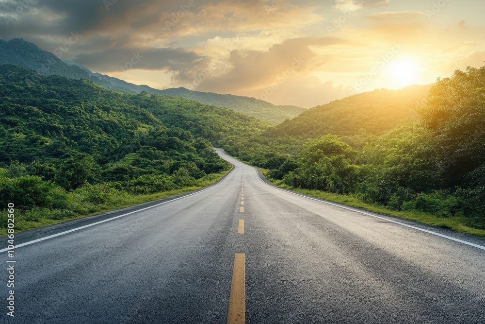 A winding asphalt road leads through a lush green valley towards a brilliant sunset. A winding asphalt road leads through a lush green valley towards a brilliant sunset.